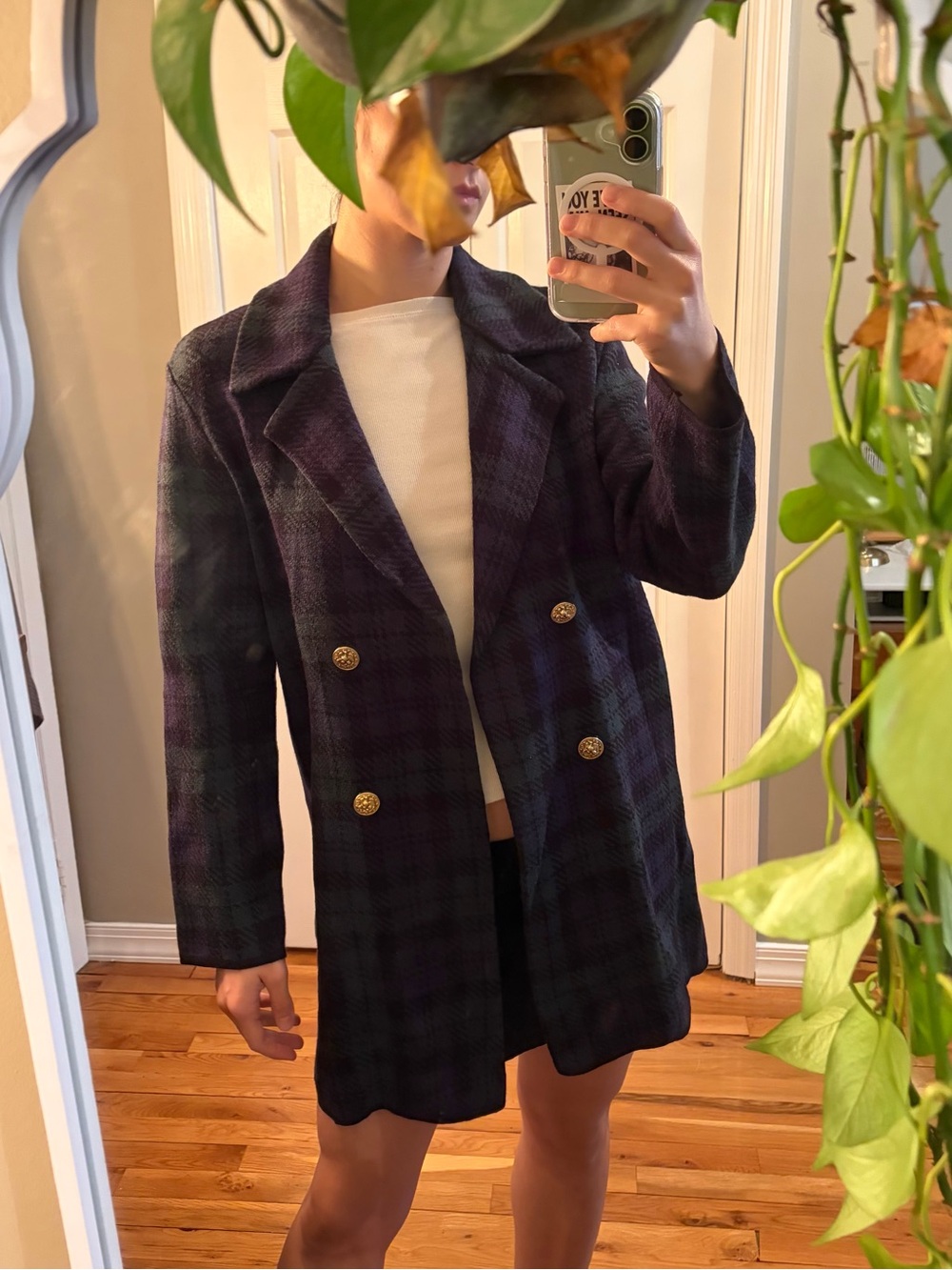 Anne Klein Double-Breasted Plaid Blazer in Dark Purple and Blue